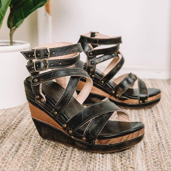 BedStu Juliana Black Leather Platform Wedge Sandals sz 11 New w Box - Picture 12 of 12